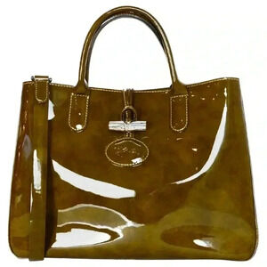 LONGCHAMP Brown Tortoise Patent Leather Large Roseau Toggle Tote